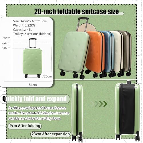 20in Collapsible Suitcase,Ultra-Lightweight 2.22KG, 45L Capacity,Women And Men Travel Suit Weekend Carry-On Rolling Suitcases With Silent Spinner Wheels Folding Luggage(Green)2