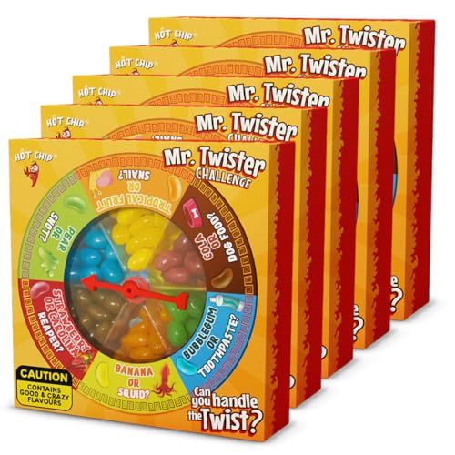 HOT CHIP Mr. Twister Jelly Beans Challenge 5x120 g – Süß, sauer oder scharf? Lustige Geschmacksroulette mit Cola, Banane, Chili & Co. – Veggie, Halal, glutenfrei, Geschenke, Party