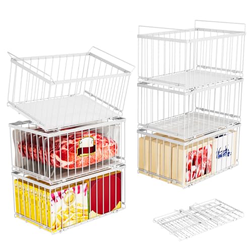 Image of Large Freezer Organizer Bins, Upgrade Quick Expand /Collapse Feature, for 5-9 Cu.Ft Deep Freezer, 4 Pack Stackable Deep Freezer Organizer Bins, Black Wire Foldable Baskets White 6 Pack