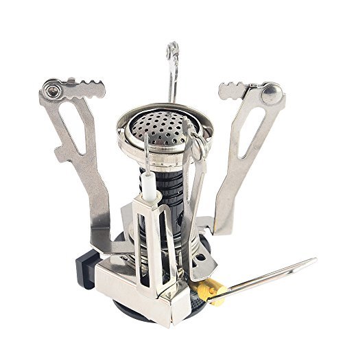 Petforu Camping Stoves, Outdoor Camping Hiking Backpacking Picnic Cookware Cooking Tool Set Pot Pan & Piezo Ignition Canister Stove & Aluminum Portable Foldable Stove Cooker Windscreen