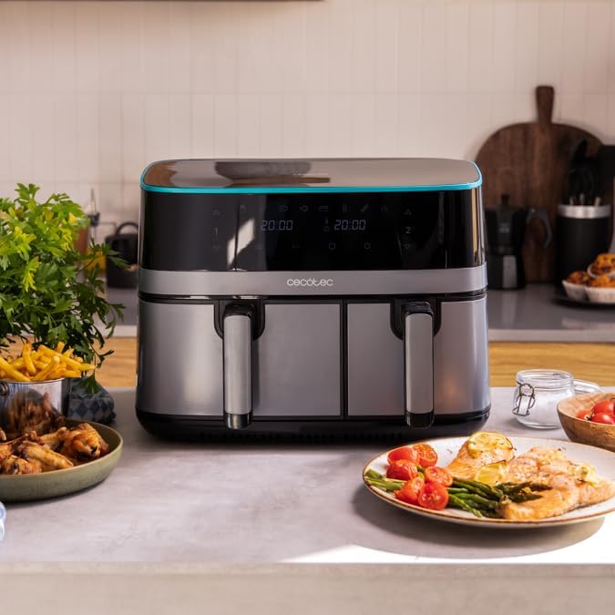 Cecotec Friggitrice ad Aria Cecofry Duosize 9000. Air Fryer da 9 L, 2700 W, 2 Secchi da 5,5 e 3,5 L, Doppia Temperatura, Pannello Tattile, Sincronizzazione Oraria, 80-200ºc, 8 Menu Preimpostati Dark Inox 2 Cestello 5,5 e 3,5 L - Immagine 2