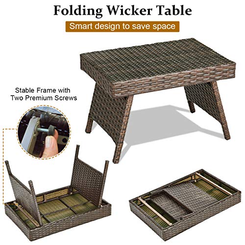Tangkula Outdoor Wicker Table Patio Poolside Lawn Garden Rattan Steel Frame Folding Standing Coffee Table Side Table #TOP5