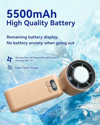Image of Handheld Portable Turbo Fan with Ice Cooler, Speed (1-199) 5500mAh Rechargeable Personal Fan,[20H Cooling Time] Mini Yet Powerful [20000 RPM] Small Pocket Fans for Travel /Outdoor /Home /, Gold Pink