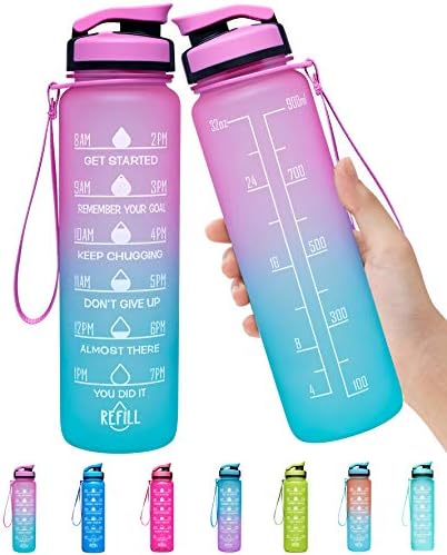 Elvira 32oz Large Water Bottle with Motivational Time Marker & Removable Strainer,Fast Flow BPA Free Non-Toxic for Fitness, Gym and Outdoor Sports-Green