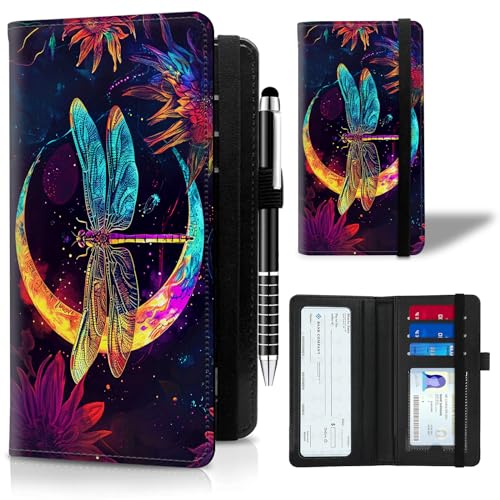 ACWDMKH Leather Checkbook Cover for Men Women Personal Checkbook Holder RFID Blocking Check Book Holder Cover for Duplicate Checks,with A Pen,Glitter Dragonfly Moon