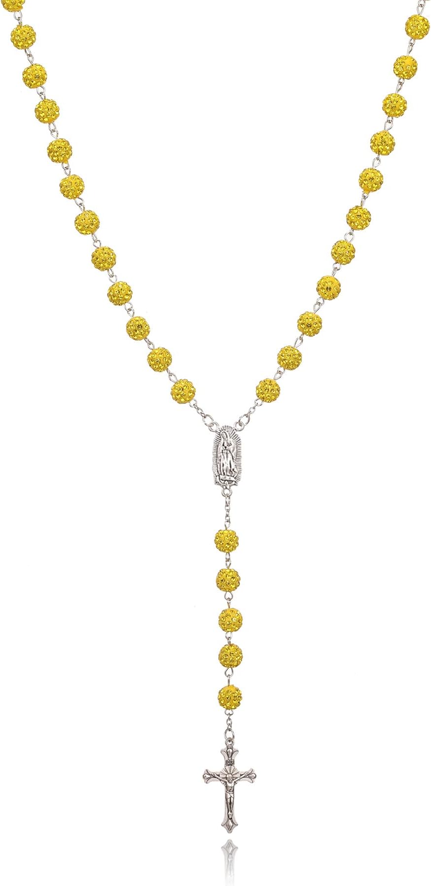 Rosary Beads Catholic Crucifix Cross Necklace for Men Women Our Lady of Guadalupe Prayer Medal Jesus Wall Crucifix Cross Rosary Rhinestone Beads Religious Christian Jewelry Gifts for Men Women