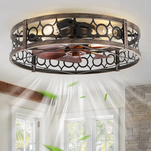 LEDIARY 23 Inch Caged Flush Mount Ceiling Fans with Lights, Black Gold