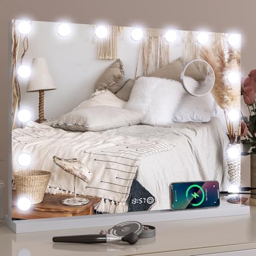 YOURLITE Miroir Maquillage Hollywood pour Coiffeuse 58x45cm, Affichage Température et Heure, Port de Chargement USB et Loupe 10x, 3 Modes Luminosité Réglable, 15 Ampoules LED, Blanc