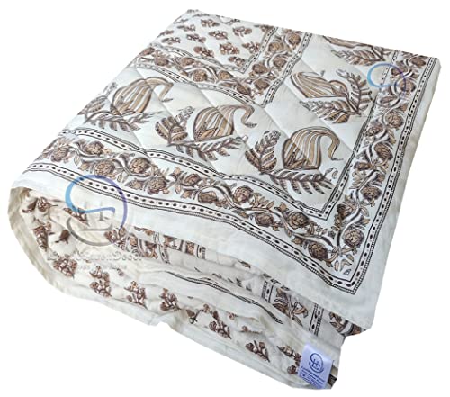 Image of Jaipuri Razai Double Bed Gold Print with Computerized Quilting Use as Soft and Breathable Cotton Comforter Quilt Rajai Blanket Dohar Size 85X100 inch Off White (Cream) Pack of 1