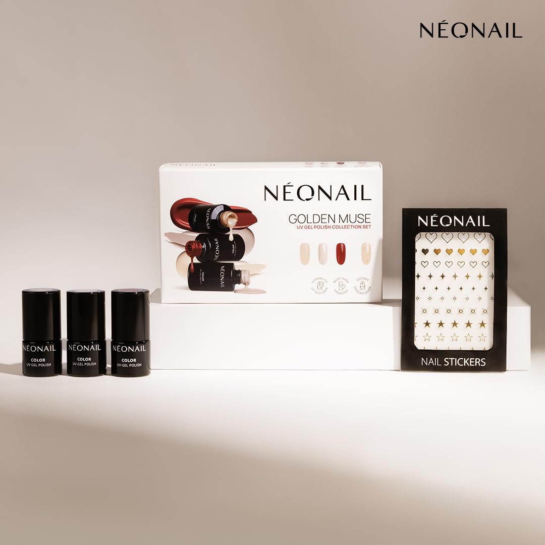 NÉONAIL Zestaw do hybryd: 3x lakier do paznokci 3ml + naklejki Nail Stickers Metallic Gold