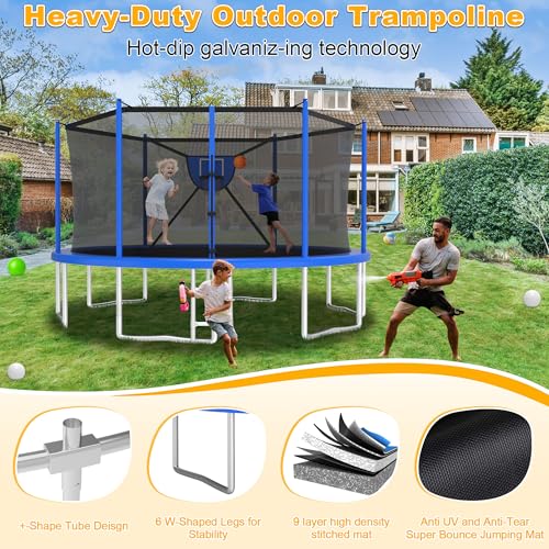 2025 Upgrade 1500LBS Outdoor Tranpoline for Kids and Adults 【Easy to Install & Built to Last】 10FT 12FT 14FT 16FT Recreational Tranpolines with Net, Basketball Hoop and Ladder, ASTM Approved