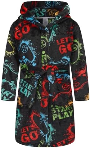 Boys Soft Fleece Robes Plush Hooded Bathrobes Sleepwear for Kids 1-16 Years Black Large Gamepad 7-8 Years