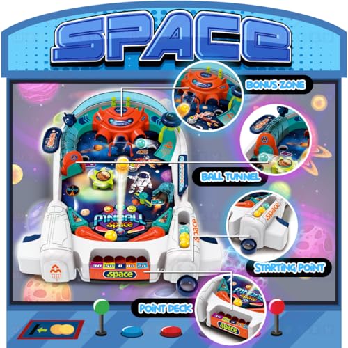 Image of Wembley Pinball Game for Kids 3 4 5 6 7 Years Old for 2-4 Players Mini Pin Ball Arcade Machine Toy Tabletop Indoor Game Easy to Assemble Birthday Gift for Boys Girls - Space Themed