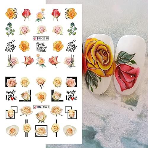 Flower Nail Stickers Rose Geometric Lines Nail Decor Water Transfer Decals Slider Diy Wedding Designs Manicure Foils Wraps Tattoos Charms Spring Rose Flowers Nail Supplies Decorations 12Pcs/Set #TOP1