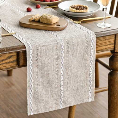 Artoid Mode Brown Rustic Cotton Linen Table Runner, Seasonal Embroidered Hollow...
