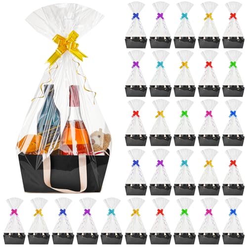 Tuanse 30 Pcs Basket for Gift Empty DIY Bulk Gift Basket Kit with Handle Kraft Cardboard Tray with 30 Bag 30 Bow Market Tray for Wedding Party(Black 9.8 x 6.5 x 4.3 in)