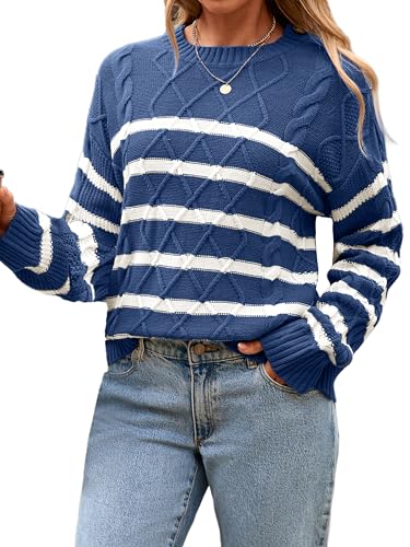 Glamaker Womens Striped Cable Knit Sweater Long Sleeve Crewneck Fall Pullover 2025 Trendy Winter Chunky Tops Fashion