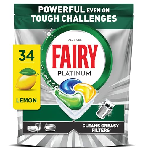 Fairy Platinum Cápsulas De Lavavajillas, Limón, 34 Cápsulas, Potente Incluso Con Los Restos De Comida Más Difíciles, Platos Limpios, Lavavajillas Brillante, Filtro Limpio Sinasa