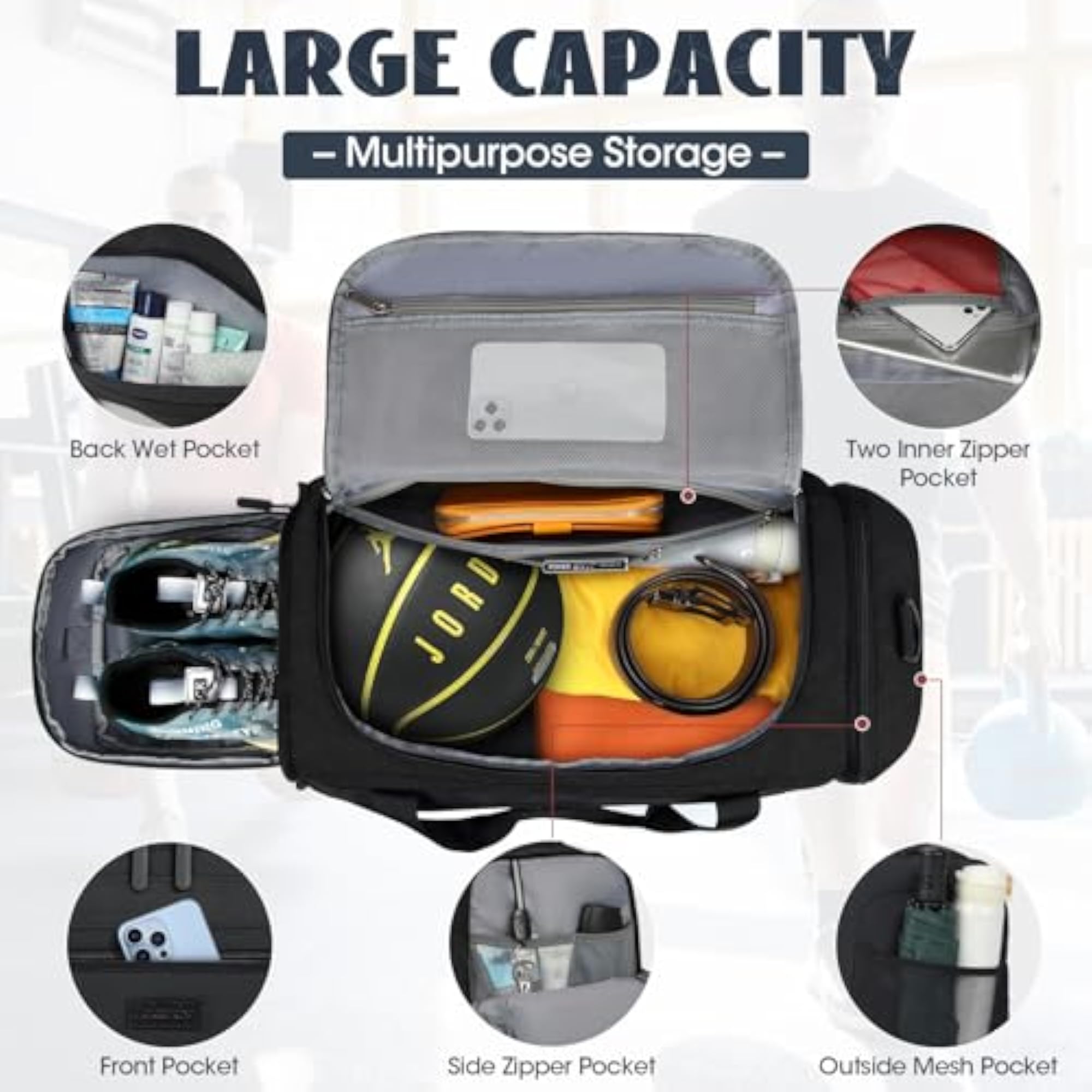 Men's Waterproof Gym Duffle Bag, Black, 40L