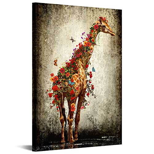 Duobaorom Large Vintage Giraffe Canvas Wall Art Jungle Animals Floral Giraffe With Butterfly Wildlife Painting For Home Bedroom Office Decor Stretched And Framed Ready To Hang 24X36Inch #TOP5