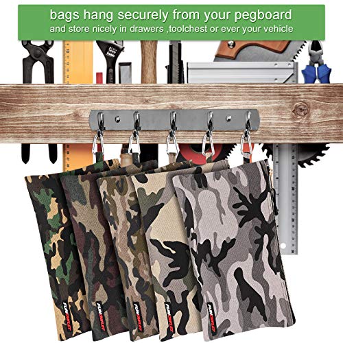 Canvas Tool Pouch Zipper Bag - 5 Pack Heavy Duty Utility Camo Bags With Carabiner, Multi-Purpose Storage Organizer Clip On Tote Pouches 12.5 X 7-Inch #TOP2