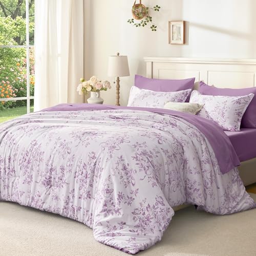 Image of Andency Floral Comforter Set Full Size, 7 Pieces Purple Flower Lightweight Bedding Set for All Seasons, Soft Vintage Bed in a Bag with Comforter, Sheets, Pillowcases & Shams