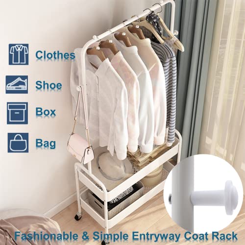 Dyrabrest Simple Design 2-In 1 Garment Rack With Wheels Clothing Rack With 2 Tier Metal Basket Clothes Organizer Rack Laundry Cart With Hanging Rack For Home Bedroom (White) #TOP2