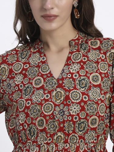 Image of Women's Fit and Flare Dress I Pure Cotton Long Summer Maxi Dress I V-Neck I Casual Wear I Printed Kalamkari Floral Middi