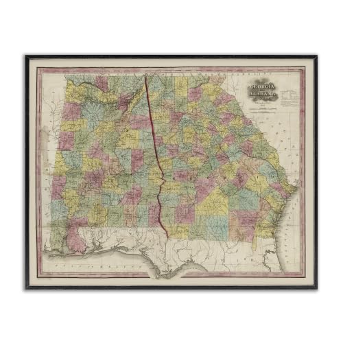 Vintage Georgia Alabama State Map, 24 x 30 Inch Framed Giclée Print