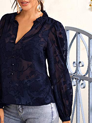Shein Women's Sheer Mesh Floral Blouse Bishop Long Sleeve V Neck Shirt Tops Navy Blue Medium #TOP2