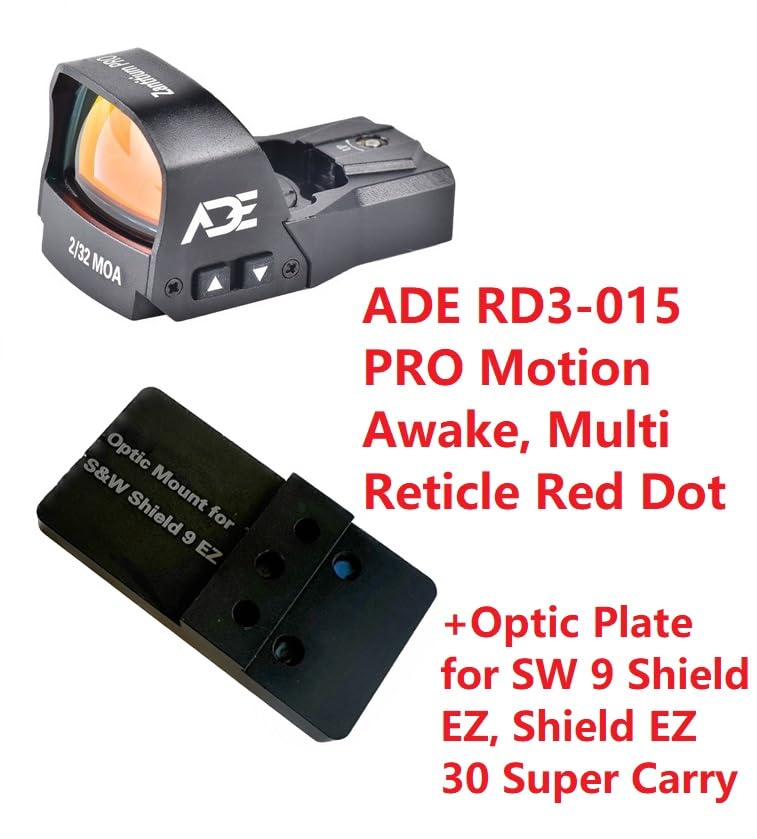 Ade Advanced Optics ZANTITIUM PRO RD3-015 PRO Motion Awake, Multi Reticle Red Dot + Optic Mounting Plate for SW MP 9 Shield EZ and Shield EZ 30 Super Carry Pistol + Standard Picatinny Mount