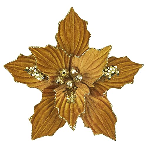 Ki Store Gold Velvet Christmas Tree Flower Decoration 6Pcs 10-Inch Sequined Christmas Poinsettia Flower Picks For Xmas Tree Wreath Garland #TOP23