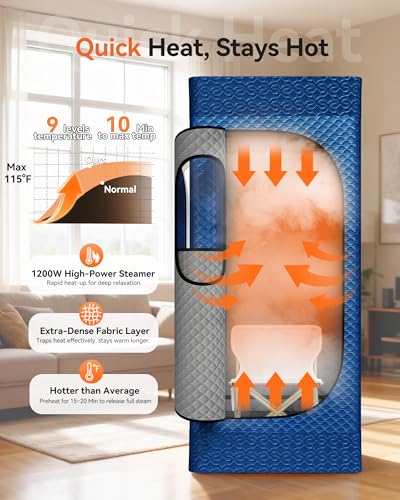 Portable Sauna for Home with 3L 1200W Fast-Heating Steamer, Full Body Sauna Tent for Relaxation,Detox, Self-Care,Large Folding Chair, 9 Heat Levels, 99-Min Timer, Remote Control, 32' x32' x 71',Blue - Image 2