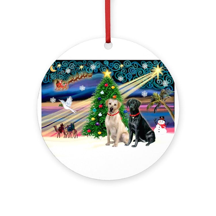 CafePress Xmas Magic/2 Labradors (Y+B) 4" Round MDF Wood Ornament
