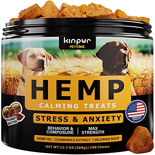 Kinpur Pet Care Calming Chews for Dogs with Hemp Oil - Aid During Thunderstorms, Separation, Car Rides - Hip and Joint Health - Tasty Dog Calming Treats, 180 Peanut Butter Flavored Chews