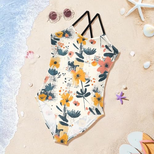 Ink Floral Girls One Piece Swimsuits Quick Dry Beach Swimwear Bathing Suit3