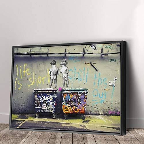 Banksy Peeing Boys Life is Short Chill The Duck Out Street Graffiti Canvas Wall Art Home Decor (18in x 12in Modern Black Framed)