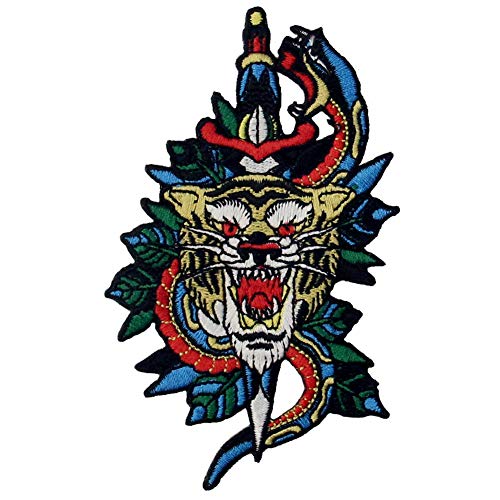 Patch brodé en forme de Serpent Tigre et Dague, à coudre ou à coller avec fer à repasser