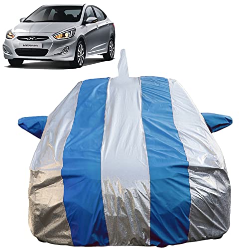 Image of Autofact Waterproof Car Body Cover Compatible with Hyundai Verna Fludic (2011 to 2016) with Mirror and Antenna Pockets (Blue Stripes with Shinning Silver Fabric /Waterproof Cover)
