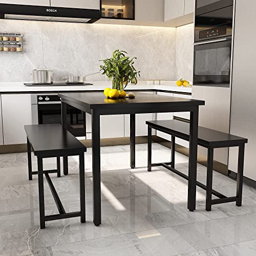 Awqm Dining Table Set For 4, Kitchen Table Set With 2 Benches, 47.2Inch 3-Piece Dining Room Table Set With Metal Frame And Mdf Board, Sturdy Structure, Space-Saving, Black #TOP4