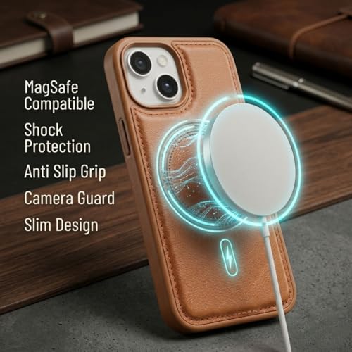 Image of amazon basics Premium PU Leather Case for iPhone 14, MagSafe Compatible Magnetic Ring, Sleek Protective Back Cover - [Tan]