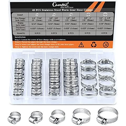 40PCS Hose Clamps, Camtek Stainless Steel Worm Gear Hose Clamp Duct Clamp Pipe Clamp Air Ducting Clamp Fuel Line Clamp for Plumbing, Automotive and Mechanical Applications Assortment Kit - 5 Sizes Cover