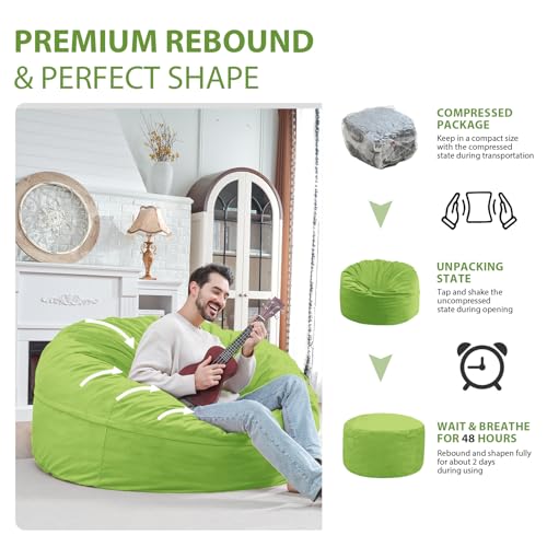 5FT Bean Bag Chair, Large Bean Bag Chairs with Memory Foam Filled, Fluffy Beanbag Sofa with Dutch Velvet Cover, Round BeanBag Chairs for Living Room, Playroom - Lime