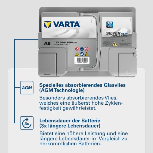 VARTA Silver Dynamic AGM Batterie A8 – Start-Stop und xEV Autobatterie 12V 60Ah 680A – Starterbatterie für Autos mit hohem Energiebedarf