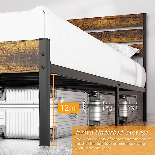 Walsunny Full Size Bed Frame with Rustic Vintage Wood Headboard and Footboard, Strong Metal Slats Support, Under Bed Storage, Easy to Install, Sturdy and Stable, No Box Spring Needed