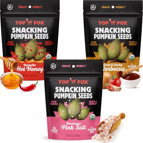 Top Fox Snacks Pumpkin Seeds to Eat Variety (Himalayan Salt, Sweet &amp; Smoky Barbecue, Nashville Hot Honey, 3.5 oz, Pack of 6) - Gluten Free, Protein Snacks, Keto Snacks, Vegan Organic Pop-Roasted