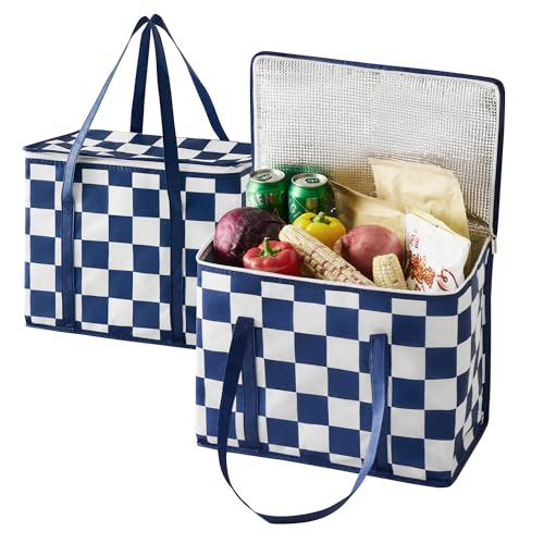 Ohocut Navy Blue Checkered Insulated Grocery Bags 2 Pack