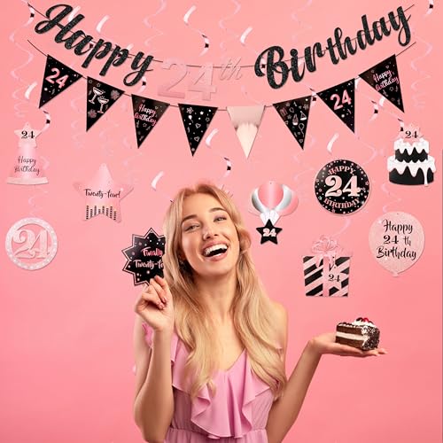 Image of 24th Birthday Decorations for Women Rose Gold Pink Pre Strung Happy 24th Birthday Banner and Hanging Swirls 24 Year Old Party Decorations Supplies