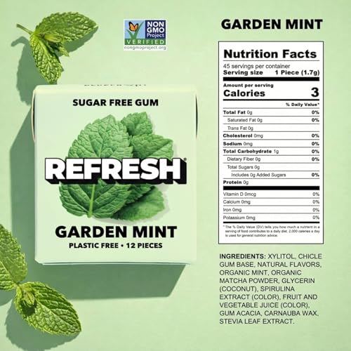 Image of Refresh Plant Based Gum, Sugar Free, Xylitol, 12 Pcs, 6 Pack (Garden Mint)