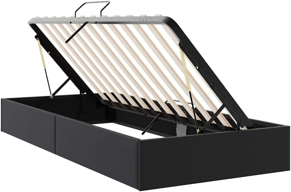 Storage Bed with Mattress Black Faux Leather Platform Bed Frame 39.37 x 79.92 in Durable Sturdy Slatted Foundation with Headboard for Modern Bedroom Storage